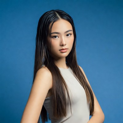 Asian girl with wet hair on blue background