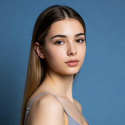 Young woman with long hair on blue background