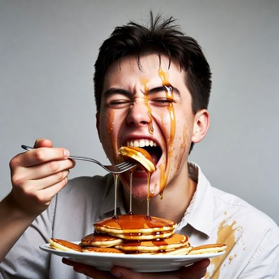 Boy eating pancakes with syrup dripping