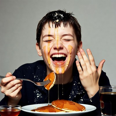 Boy eating messy pancakes with syrup