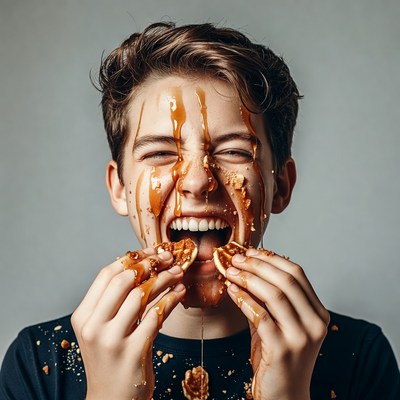Boy eating messy caramel waffle