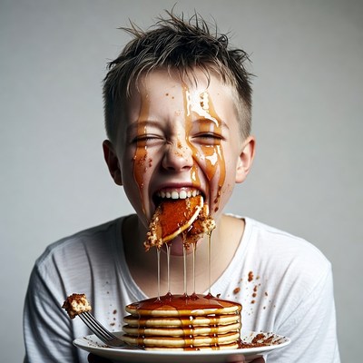 Boy eating messy pancakes with syrup