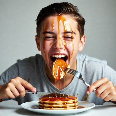 Boy eating pancakes with syrup