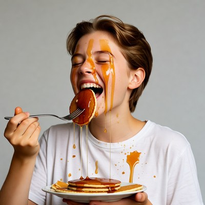 Teen eating pancakes with dripping syrup