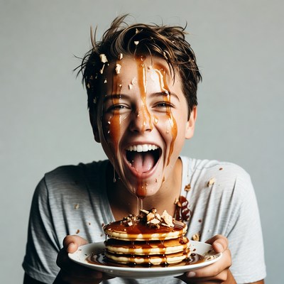 Boy holding syrup-covered pancakes