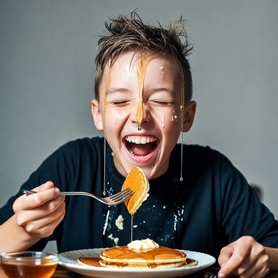 Boy eating pancakes with syrup on face