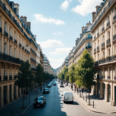 Paris Street with Haussmann Buildings and Cars
