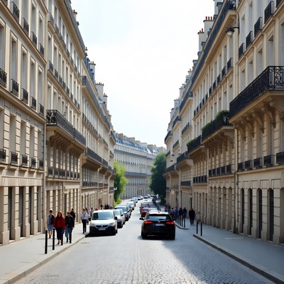 Paris narrow street with cars and pedestrians