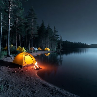 Yellow tents and campfire by lake