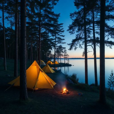 Yellow tents campfire lakeside forest twilight