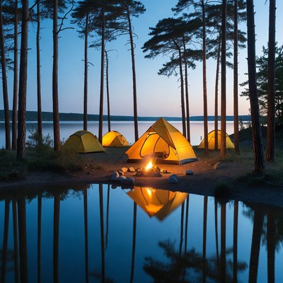 Yellow tents and campfire by lake