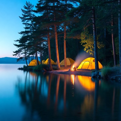 Yellow tents and campfire by lake