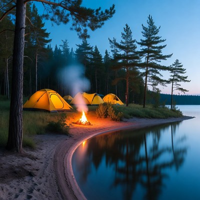 Campfire and tents by lakeside at dusk