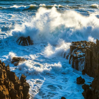 Ocean Waves Crashing on Rocks