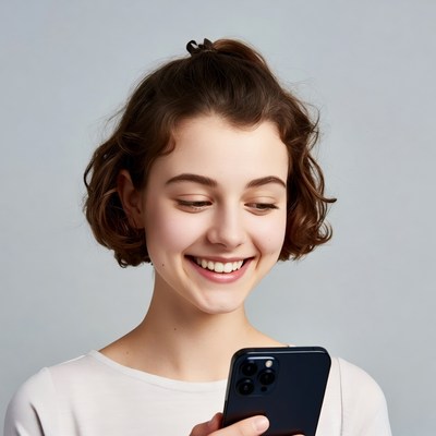 Young woman smiling at smartphone