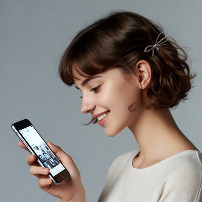 Young woman smiling at smartphone