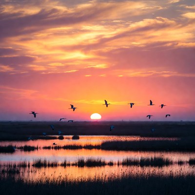 Flock of Birds Flying at Sunset