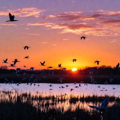 Flock of Birds Flying at Sunset