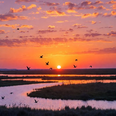 Birds Flying Over Sunset Marsh
