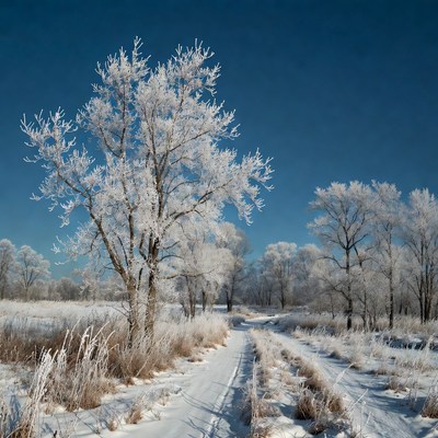 Frost-covered trees along snowy path
