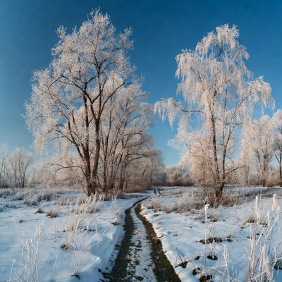 Snowy Path Through Frosted Trees