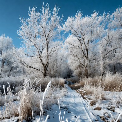 Snowy Trees Along Winter Path