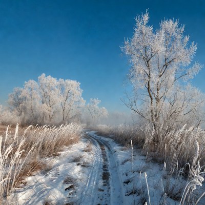 Snowy Path Through Frosted Trees and Reeds
