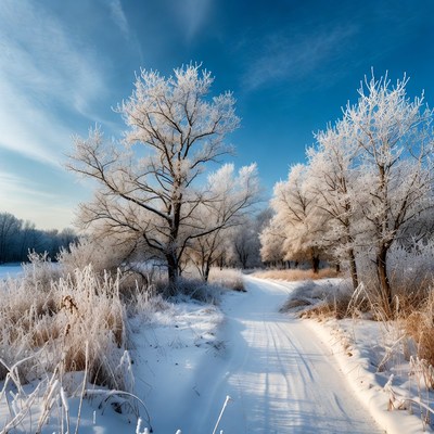 Snowy Path Through Frosted Trees