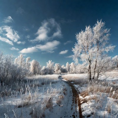 Snowy Path Through Frosted Trees