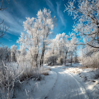 Snowy Path Through Frosted Trees