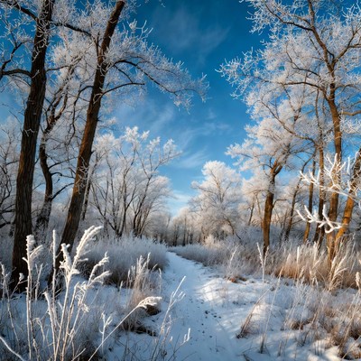 Snowy Trees Along Winter Path