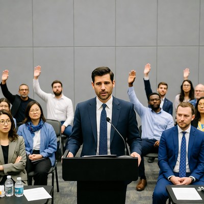 Man speaking at podium with raised hands audience