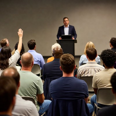 Man speaking at podium with raised hands audience