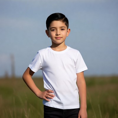 Young Latino boy in white t-shirt outdoors