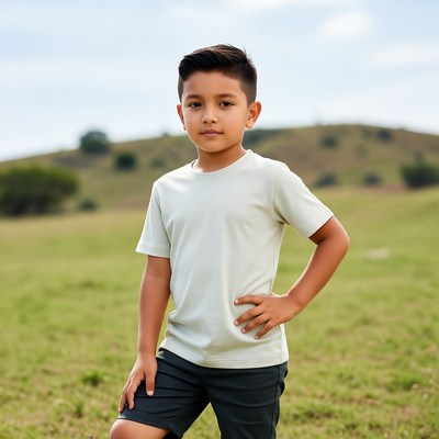 Young Asian boy posing in grassy field