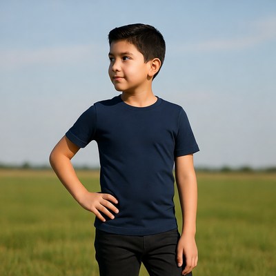Young boy posing in green field