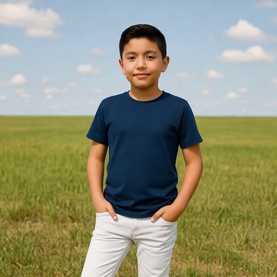 Latino boy standing in green field