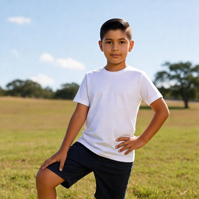 Latino boy posing in grassy field