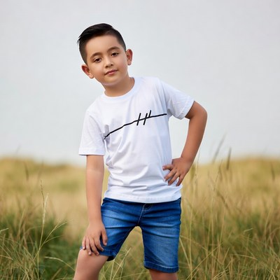 Young Asian boy posing in grass field