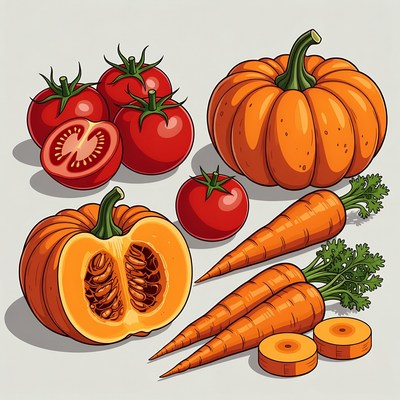 Fresh Tomatoes Pumpkins Carrots Illustration