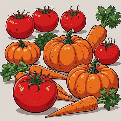 Fresh Tomatoes Pumpkins Carrots Illustration