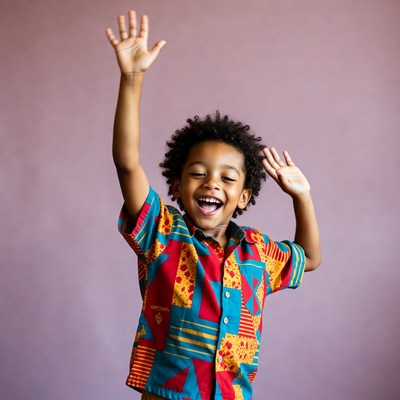 Happy African boy raising hands
