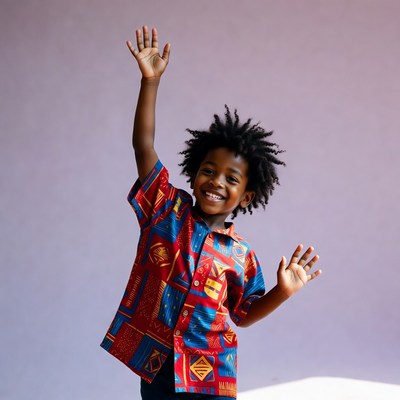 Happy Black boy raising hands