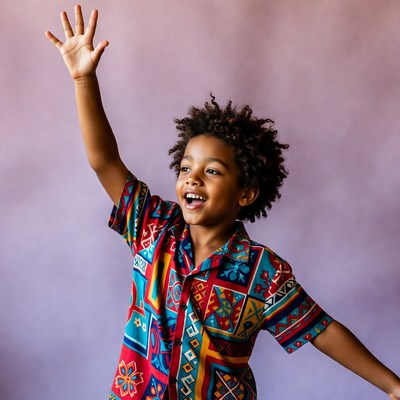 Happy Black boy raising hand