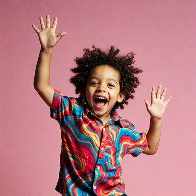 Happy Black boy raising arms