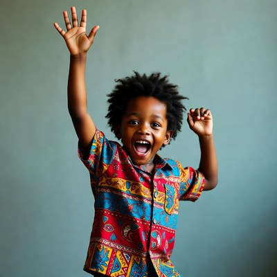 Happy African boy raising hands