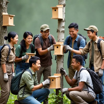 Asian youth installing birdhouses on tree