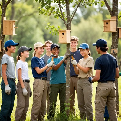 Teenagers building birdhouses on tree