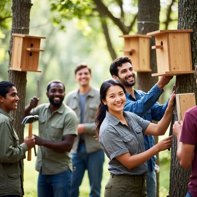 Diverse group installing birdhouses on trees
