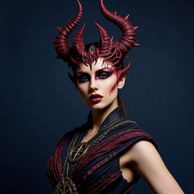 Woman wearing red demon horns mask